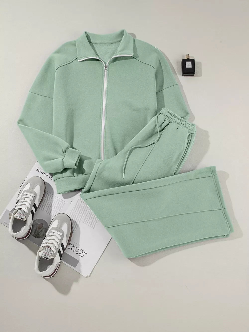 Sage zip-up jacket and drawstring pants set, cotton, casual activewear