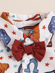 Toddler patriotic print shirt with attached red bow tie and white buttons.