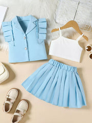 Blue collared ruffled sleeve jacket with white cami and pleated skirt.