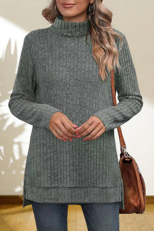 Heather gray ribbed knit turtleneck tunic top with long sleeves and side slits