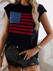 Black knit vest with American flag graphic, mock neck, and cap sleeves.
