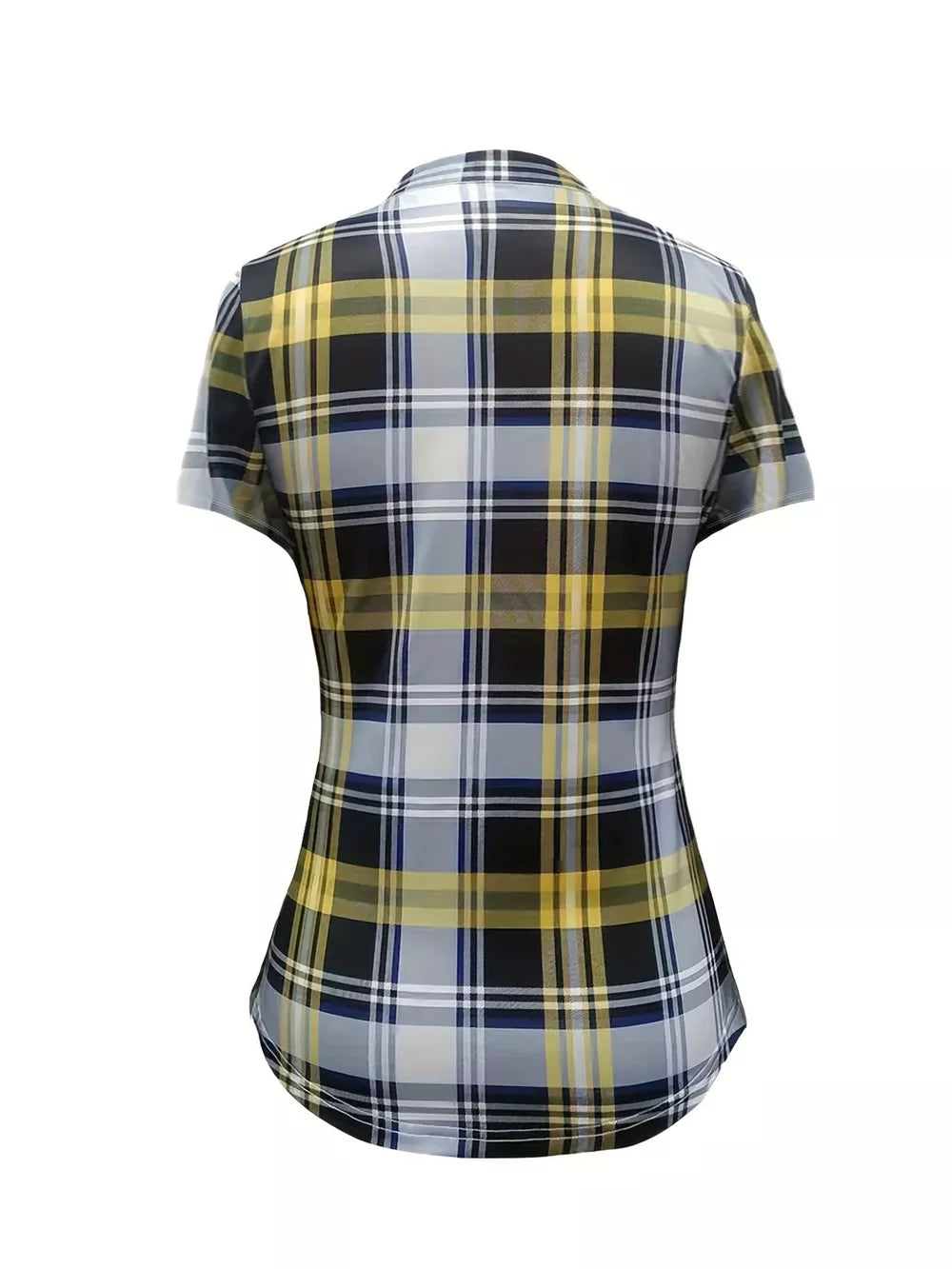 Lace-up plaid short sleeve shirt in yellow and black with a curved hem.