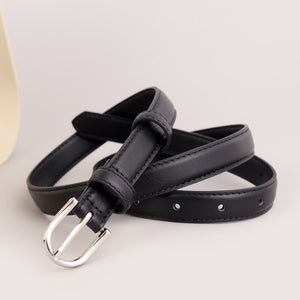 Skinny black leather belt with silver buckle and keeper loop