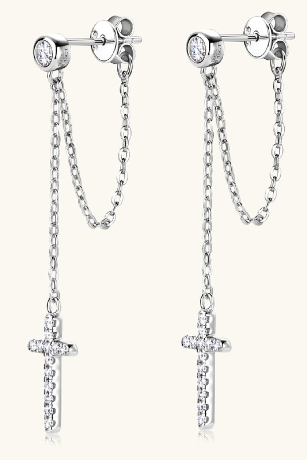 Silver dangling cross chain stud earrings with clear stones, 925 sterling silver.