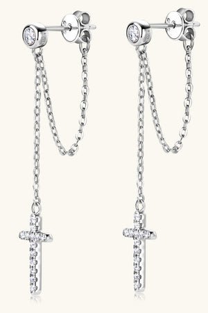 Silver dangling cross chain stud earrings with clear stones, 925 sterling silver.
