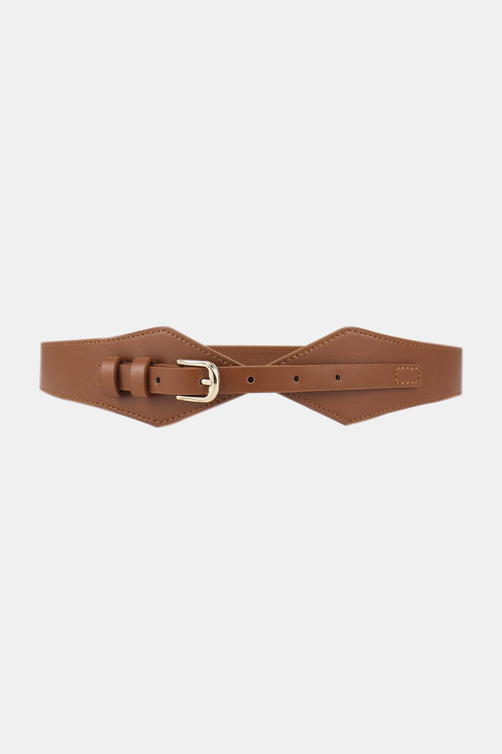 Brown leather belt with geometric shape and gold buckle
