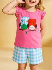 Owl Graphic Top With Playful Plaid Shorts Set