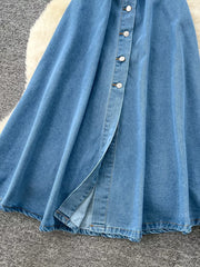 Blue denim a-line dress with button placket and side slit
