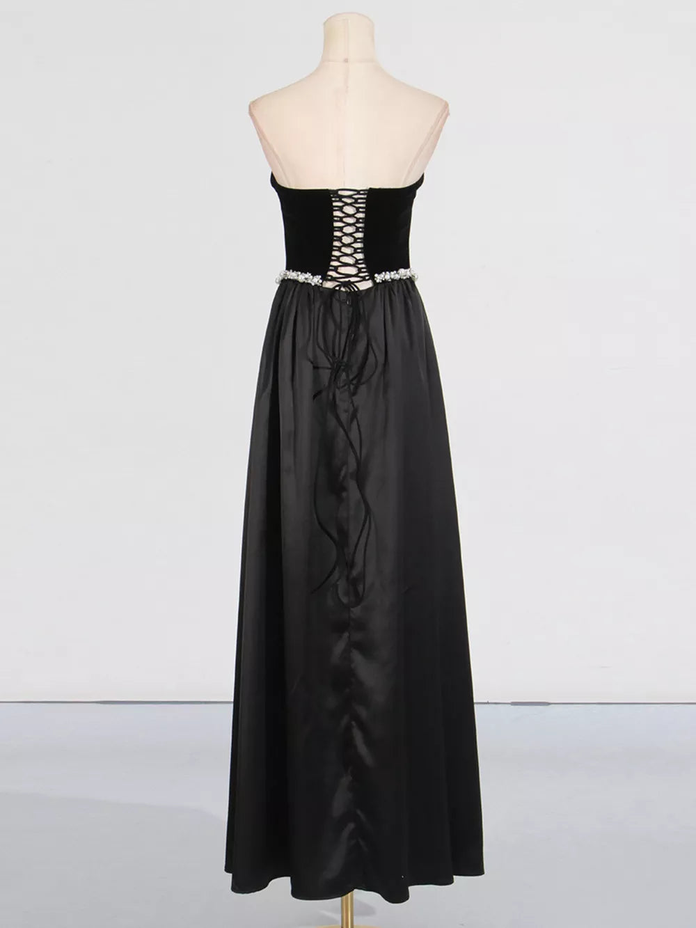 Lace Up Back Tube Maxi Dress in Black, model styling view