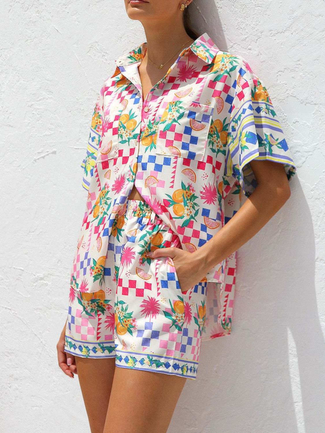 Citrus checkered resort set with short sleeve button-up shirt and shorts in multicolor fruit and geometric print.