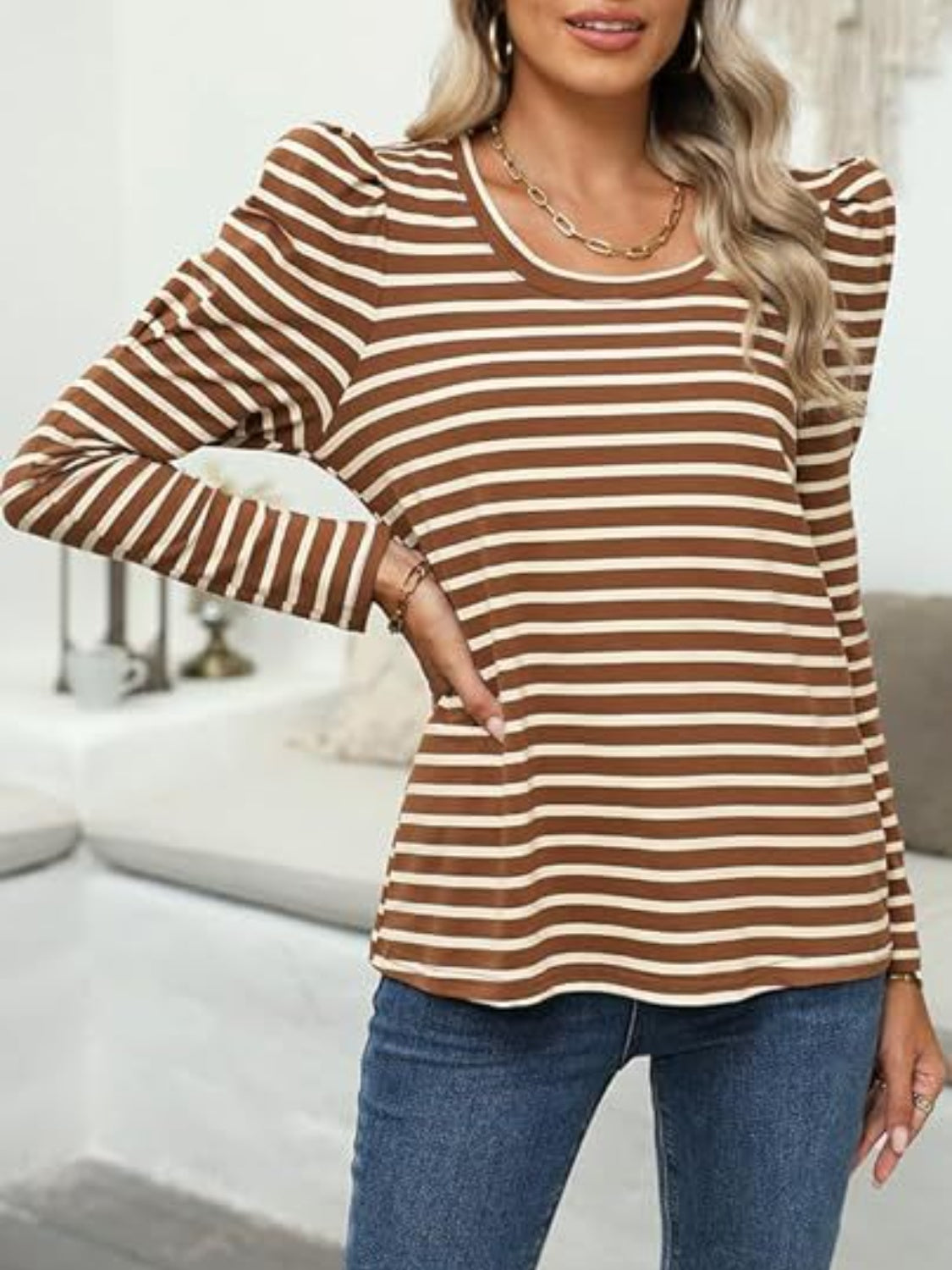 Breton stripe tee in Camel with puff sleeves and a scoop neck.