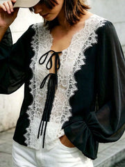 Sheer Lace-trimmed Front Tie Blouse in Khaki, view 11