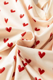 Heart Print Round Neck Long Sleeve Sweatshirt in Cream, fabric detail