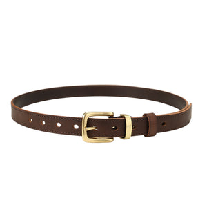 Brown cowhide leather belt with gold buckle and multiple holes
