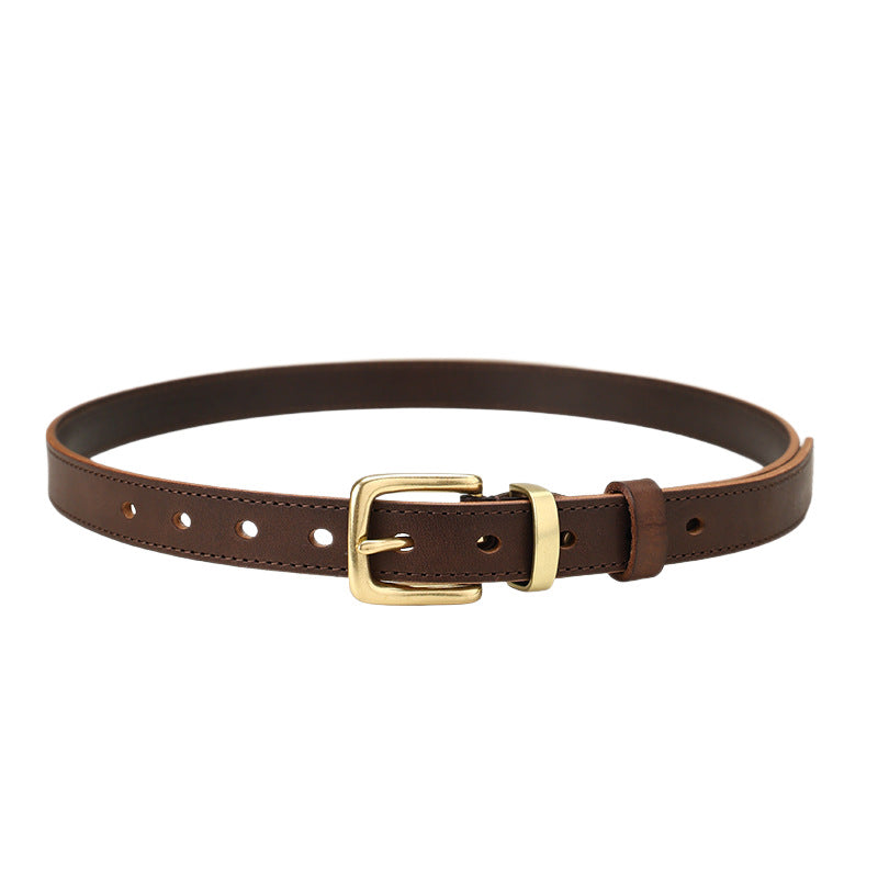 Brown cowhide leather belt with gold buckle and multiple holes