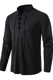 Black linen henley shirt with lace-up collar and long sleeves