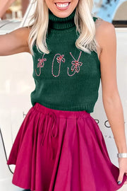 Festive Candy Cane Embroidered Turtleneck Sweater Vest in Dark Green, model styling view