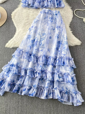 Sky blue floral ruffle bikini set with bow detail.