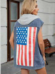 Denim flag vest with grey hood and button front.