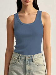 Ribbed Knit U-neck Tank in White, fit detail