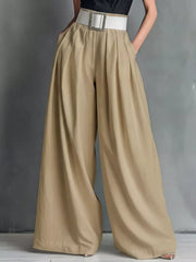 Khaki belted high-waisted wide-leg maternity pants with a decorative buckle.