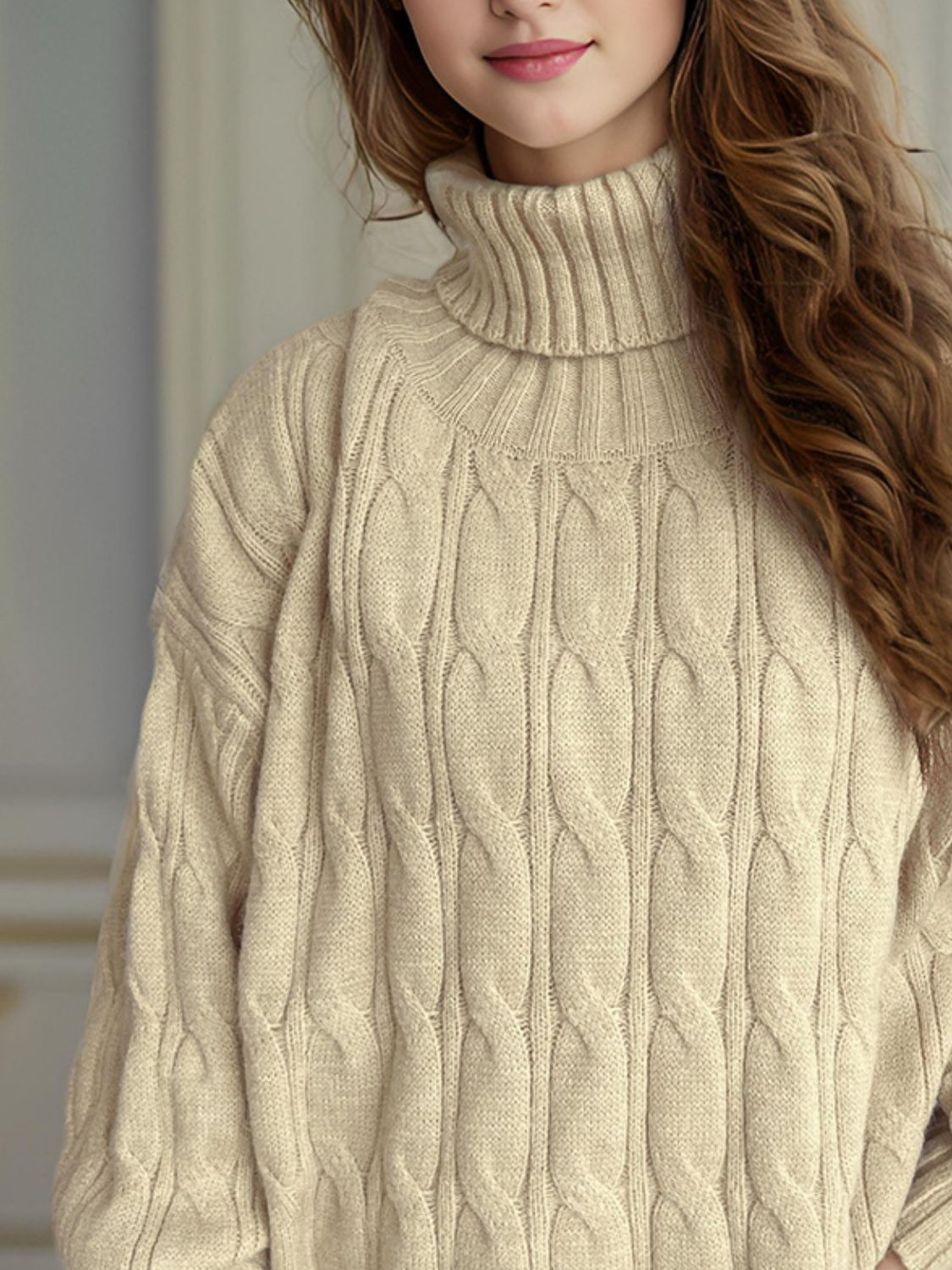 Oversized beige cable knit turtleneck sweater with ribbed collar and cuffs.
