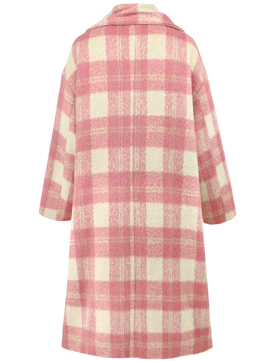 Pink purple plaid cocoon coat with shawl collar and matching scarf.