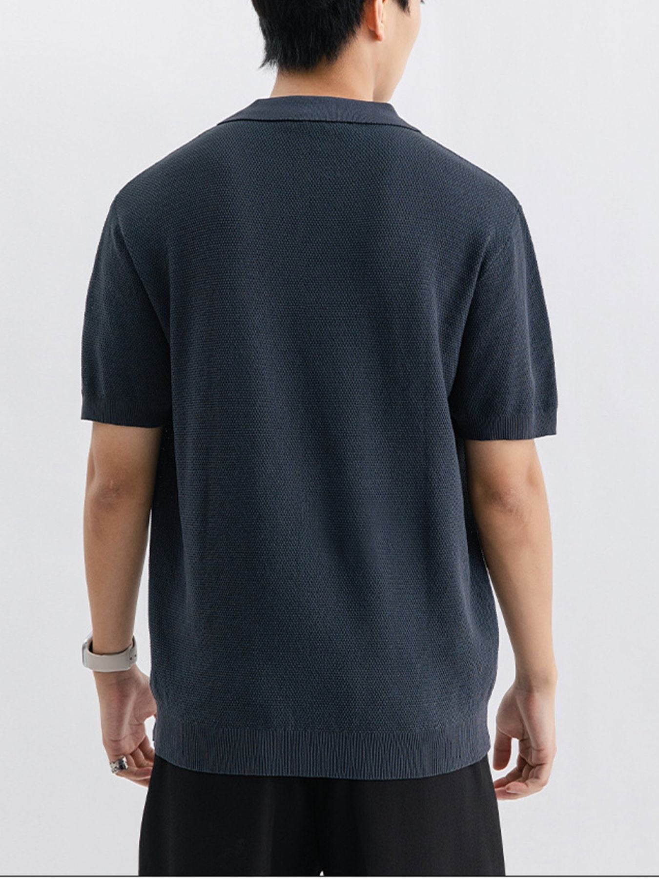 Dark Gray textured knit zip-up polo shirt for men, short sleeves, ribbed hem.