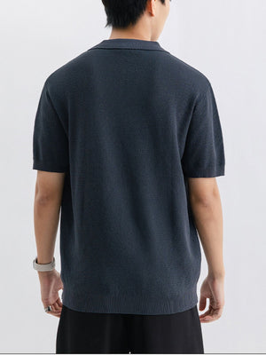 Dark Gray textured knit zip-up polo shirt for men, short sleeves, ribbed hem.