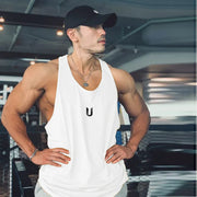 White performance scoop neck tank top with black logo detail