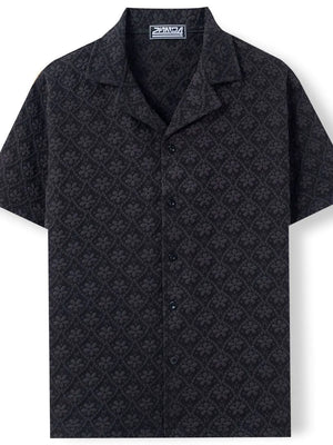 Black embossed floral camp collar shirt with short sleeves and button front.