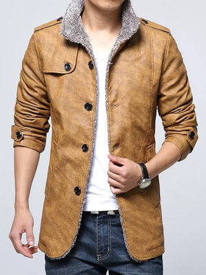 Men's brown button-up sport jacket with fleece lining and collar detail.