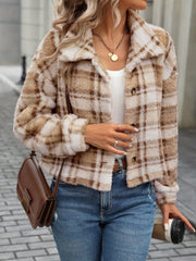 Teddy plaid cropped jacket in camel with button front and collar.