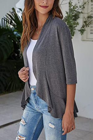 Dark Gray Asymmetrical Ruffle Hem Cardigan with 3/4 sleeves