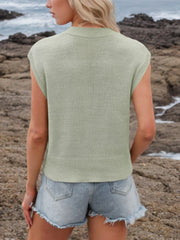 Luxe knit v-neck sleeveless top in light green, featuring a ribbed hem and cuffs.