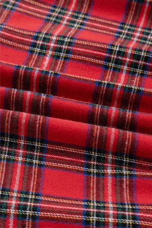 Christmas Plaid V Neck Tie Waist Midi Dress in Deep Red, view 16