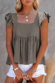 Dark Gray linen babydoll top with square neckline and flutter sleeves