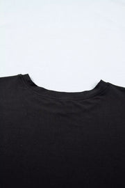 Black crew neck t-shirt detail, casual women's apparel