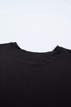 Black crew neck t-shirt detail, casual women's apparel
