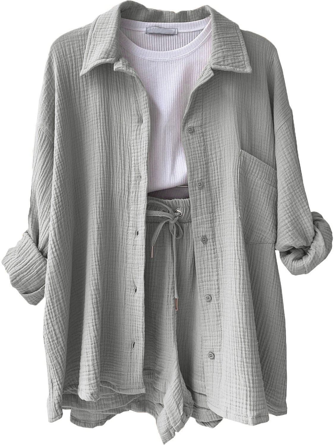 Light Gray textured gauze shirt and shorts set with drawstring waist and button front.