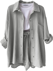 Light Gray textured gauze shirt and shorts set with drawstring waist and button front.