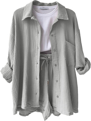 Light Gray textured gauze shirt and shorts set with drawstring waist and button front.