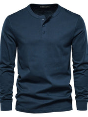 Navy blue Henley knit long sleeve tee with three button placket.