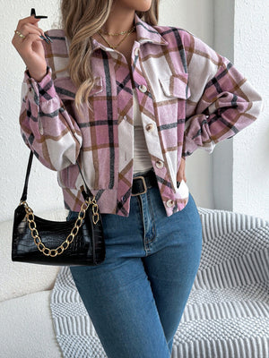 Cropped plaid shacket in dusty pink with gathered sleeves, button front and chest pockets.