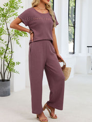 Plum purple lace cutout two-piece set with waffle knit texture and wide leg pants