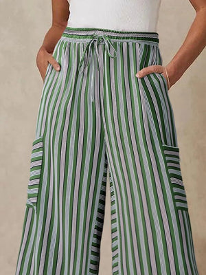 Moss green striped cargo culottes with drawstring waist and side pockets.