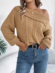 Camel off-shoulder cable knit pullover sweater with asymmetrical neckline.