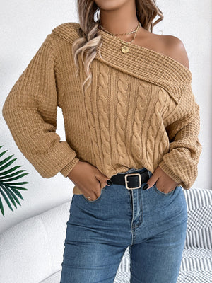 Camel off-shoulder cable knit pullover sweater with asymmetrical neckline.