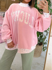 High Neck Floral Patch Embroidery Sweatshirt in Blush Pink, side view