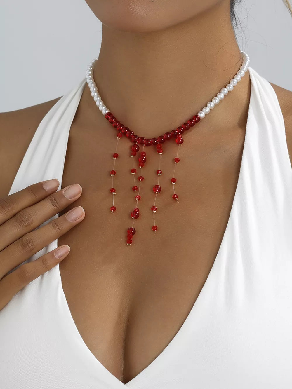 18k Gold-plated Synthetic Pearl Dangle Necklace in Deep Red, close-up detail
